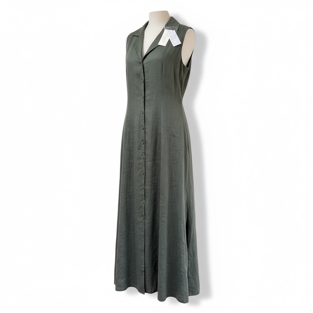 Magaschoni Sleeveless Olive Green Linen Maxi Dress - image 1